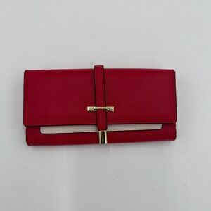 Cluci Slim Clutch Wallet Women's Red Split Leather Tri-fold Credit Card Holder